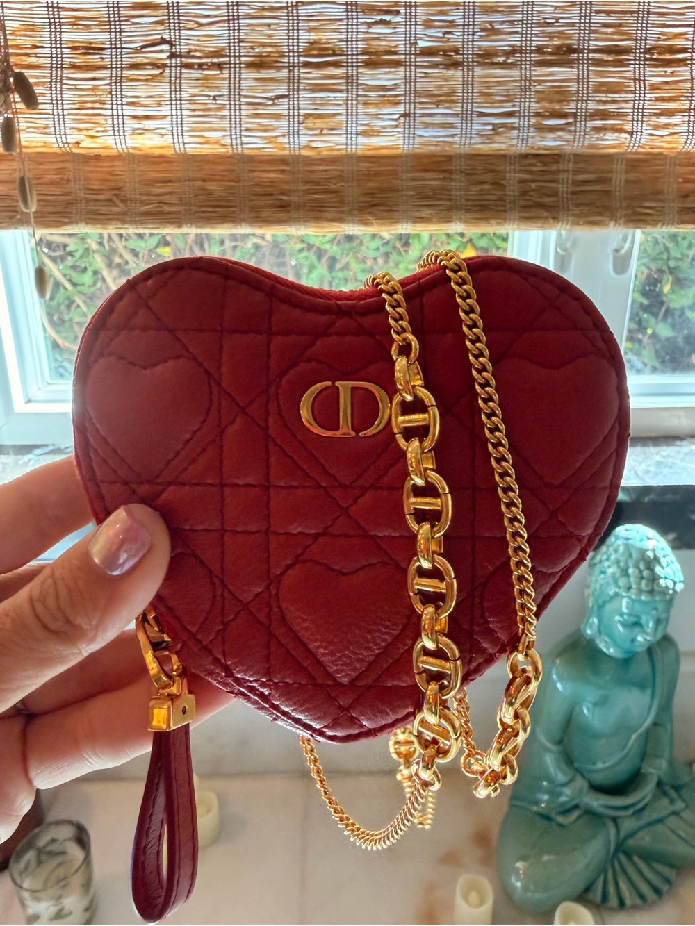 Dior CURRENT $1650 Red Quilted Heart Mini Crossbody with Gold Chain